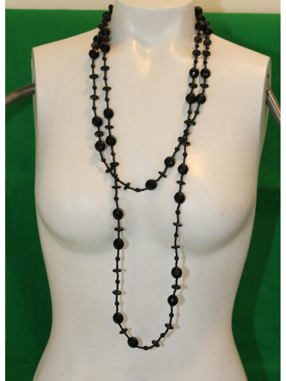 Vintage Long Black Glass Beaded Necklace
